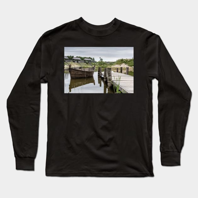 Peaceful landscape with lake and wooden boat Long Sleeve T-Shirt by lena-maximova